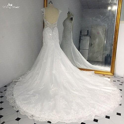 RSW1456 Sexy Cap Slevees Lace Sequin Beaded Bridal Dress 1m Train Vestido De Noiva Mermaid Backless Wedding Dress
