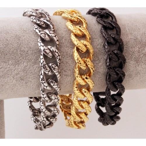 Silver Color/Gold/Black Jewelry Stainless Steel Snake Pattern Cuban Curb Biker Chain Jewelry Mens Wristband Bracelet 8.66"*14mm
