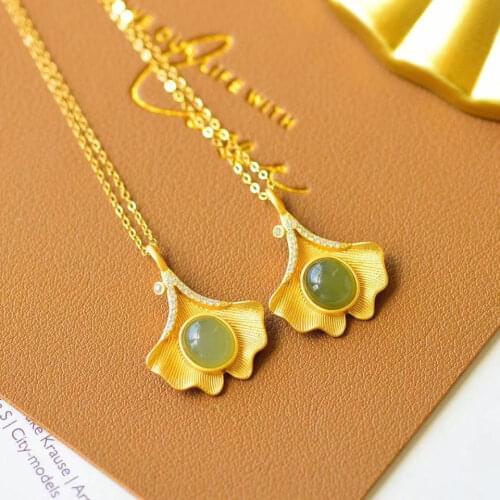 Silver inlaid natural Hetian jade lotus Pendant Necklace Chinese style retro unique gilding craft light luxury womens jewelry