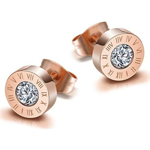 New Fashion Luxury Rose Gold Zirconia Roman Numeral Stud Earrings for Women Men Round Stainless Steel Earring Jewelry
