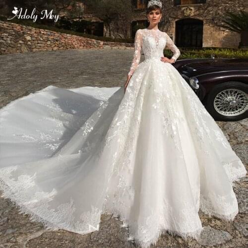 Adoly Mey Gorgeous Appliques Beaded Long Sleeve A-Line Wedding Dress 2020 Elegant O-Neck Button Chapel Train Vintage Bridal Gown
