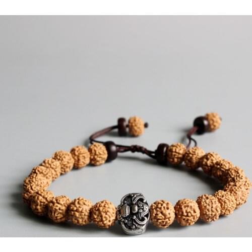 Tibetan Buddhism Rudraksha Seed OM Mala Beads Vintage Bat Amulet Charm Mens Bracelet Natural Wood Beaded Jewelry Adjustable