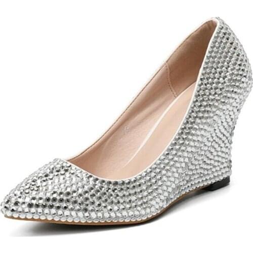 Women Pumps Heeled Sequined Cloth Slip On 8CM Wedges High Heels Pointed Toe Dress Office & Career Party Wedding Women Shoes