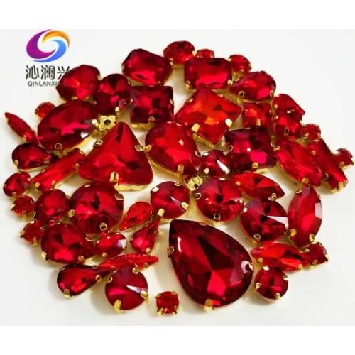 Factory sales 58pcs/pack Gold bottom red top crystal glass sew on stones,mix size claw rhinestone diy/jewelry accessories