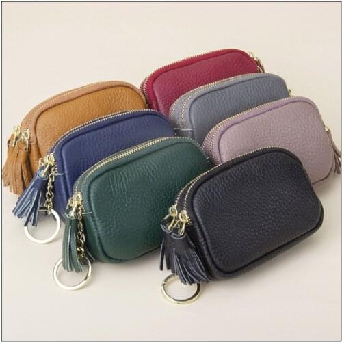 Female Genuine Coin Purses Luxury Womens Wallet Made Of Leather Double Zipper Tassel Clutch Wristlet Purse
