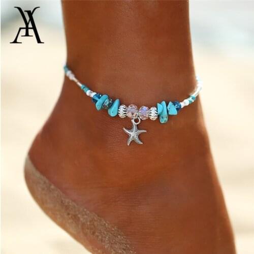 Bohemian Starfish Pendant Anklets For Women Boho Natural Stone Beads Bracelets On the Leg Fashion Foot Jewelry Beach Accessories