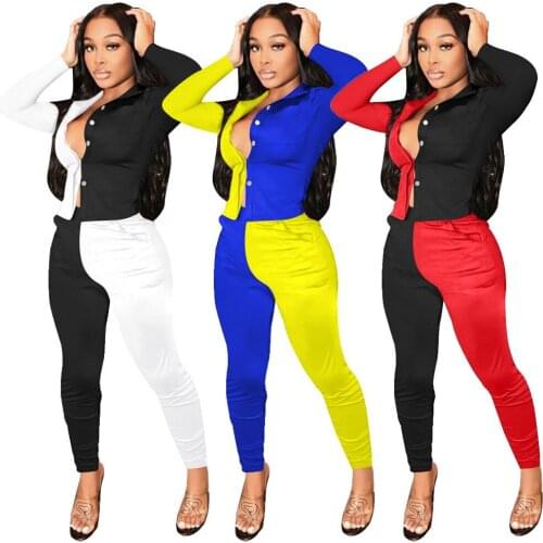 Active Wear Color Block Two Piece Set Women Hipster High Street Buttons Up Long Sleeve Blouse and Jogger Sweatpant Sport Suits