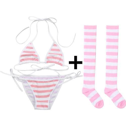 Women Bikini Costume Outfit Kawaii Stripes Strappy Bra Top with G-String Underwear Anime Stockings Nightwear Femme Lingerie Set