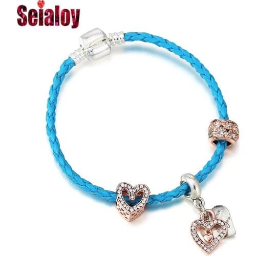 Seialoy Simple Rose Gold Heart Beads Blue Leather Heart Charm Bracelets For Women Braided Leather Rope Bracelet Bangles Gift