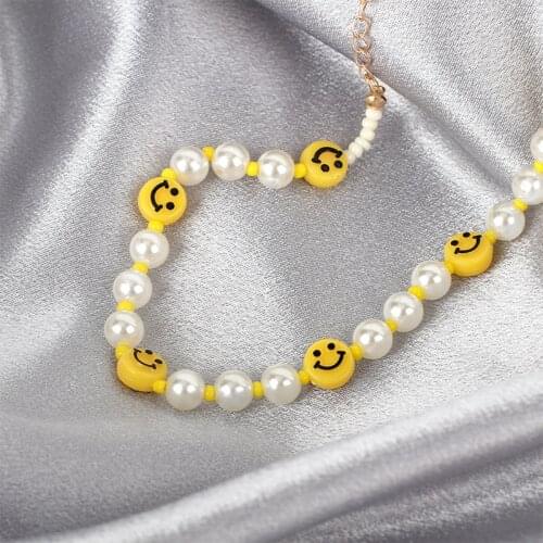 Smile Pearl Necklace for Women Choker Beaded Clavicle Chain Necklaces Rice Beads Fashion Bohemian Smile Trend Jewelry 2021