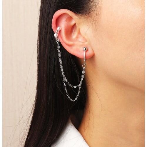 1pcs Fashion Punk Silver Color Tassel Chain Ear Cuff Cartilage Earrings For Women Vintage Trendy Ear Clip Brincos Female Jewelry