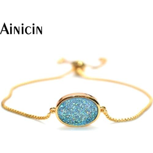 1pc Boxed Chain Oval Shape Druzy Crystal Sliding Boxed Chain Bracelets For Fashion Women Gift Jewelry