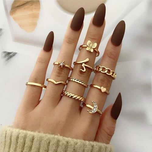 10 pcs Vintage Gold Moon Butterfly Knuckle Ring Set 2021 Bohemian Geometry Female Knuckle Ring Fashion Charm Jewelry Gift
