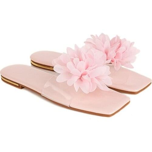 2021 Clear Slippers Women Flat Fashion Summer Lovely Ladies Casual Slip on Flowers Beach Flip Flops Slides Woman Shoes M-44
