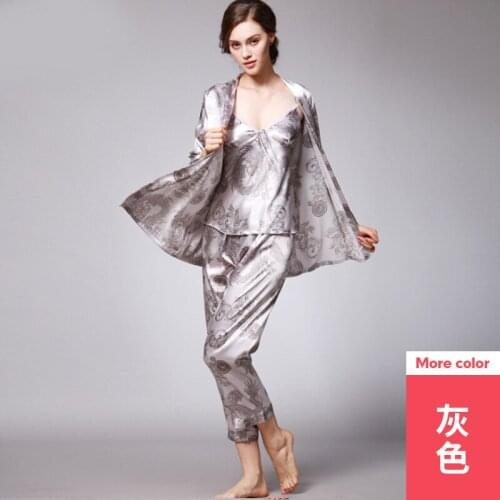 Women Satin Sleepwear 3 Pieces Pyjamas Sexy Women Printed Pajamas Sleepwear Long Trousers Nightwear 3PC Set