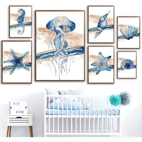 Watercolor Jellyfish Seahorse Art Painting Sea Animals Canvas Poster Abstract Gold Prints Frameless Picture Home Decor