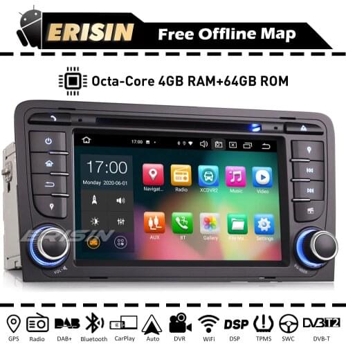 Erisin ES8147A 7" Touchscreen Autoradio Android 10 Car DVD Player GPS Navi CarPlay DSP DAB+ 4G WiFi USB für Audi A3 S3 2003-2011