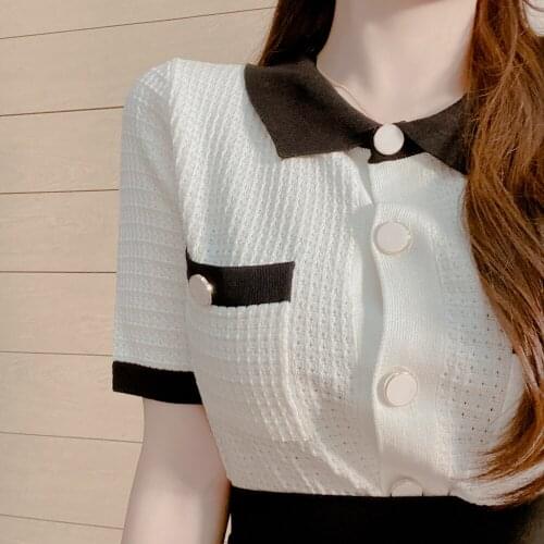 Color Block Short Sleeve Knitted T-shirt Summer New Women Fashion T-shirt Camisa Feminina 2020 New