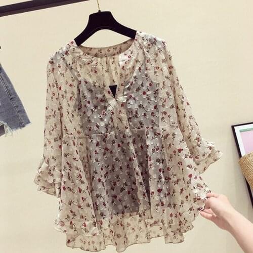 Floral Chiffon Women Blouse 2021 Summer New Flare Sleeved Loose Female Lady Elegant Pulls Outwear Coat Tops
