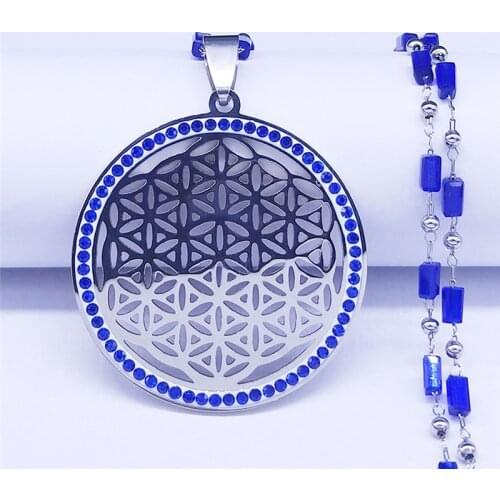 Flower of Life Blue Crystal Stainless Steel Chain Necklaces Round Silver Color Necklaces for Women Jewelry collares mujer NXS01
