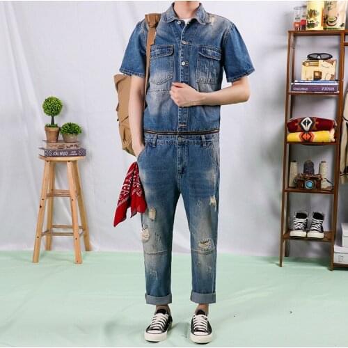 Jeans + Denim jacket Mens Jumpsuit Summer Short Sleeve jacket suit Detachable and worn Hole cropped pants suit Mens jeans