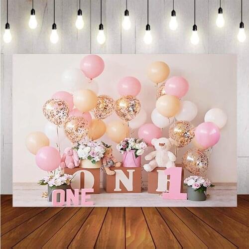 1st Birthday Photography Background Birthday Party Balloon Flowers White Toy Bear Backdrop Decor Photocall Backdrop Photo Studio