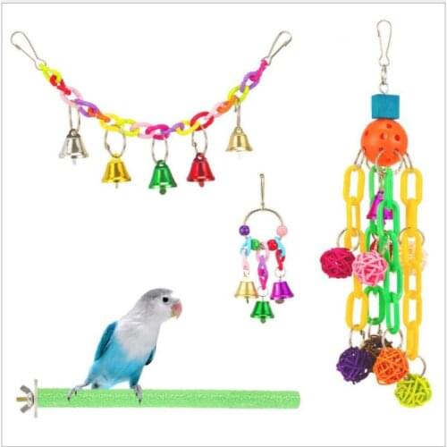 Pet Bird Parrot Toys with Hanging bells Chain and Ring Bells and Perch and Plastic Ball toys Total 4 pcs a set BT050