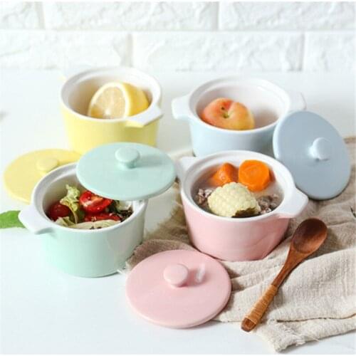 Ceramic Bowl Soup Pot With Lid Frutero Rice Bowl Mini Ware Double Handle Storage Container Colorful Small Pot Food Tray 1pcs