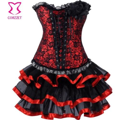 Red Satin & Black Lace Floral Appliques Zipper Sexy Corset Dress With Tutu Victorian Gothic Clothing Dresses Burlesque Costumes