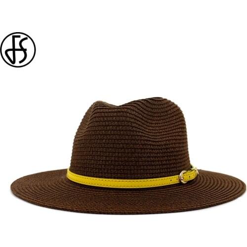 FS Summer Sun Hats For Women Men Straw Fedora Hat With Yellow Belt Fashion Wide Brim Panama Beach UV Peotection Travel Cap