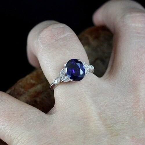 Fashionable Romantic 14K Platinum Oval White and Blue Diamond Female Ring Engagement Wedding Bride Princess Love Ring Szie 6-11