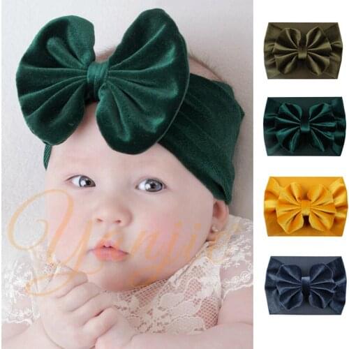 Soft Velvet Bow Headband For Baby Girls Spring Turban Solid Elastic Newborn Hair Band New Large Bows Head Wrap Hair Accessories