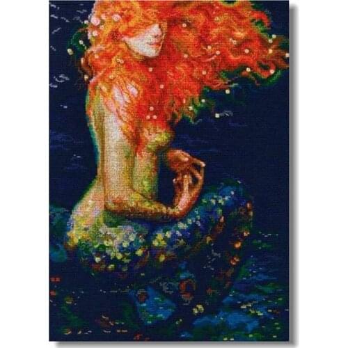 Higher Cotton Lovely Counted Cross Stitch Kit Red Hair Mermaid and Blue Sea