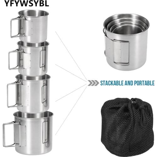 4PCS Stainless Steel Cups Set Stackable Drinking Water Cups Mugs with Foldable Handles for Home Outdoor Camping Backpacking