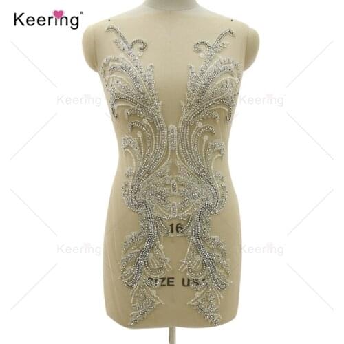 New Fashion Sew On Beaded Patches Silver Rhinestone Applique For Wedding Dress WDP-379