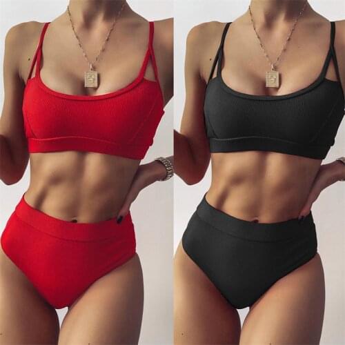Thorn Tree 2 Piece Solid Color Bikini Set Swimwear Women Swimsuit U-shaped Collar High Waist Panties Beachwear Bathing Suit 2021