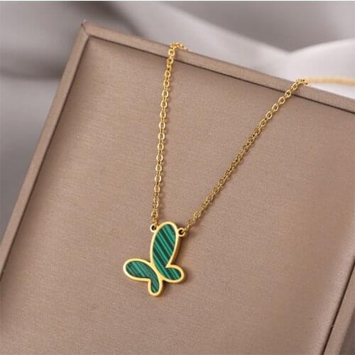 XIYANIKE 316L Stainless Steel Green Butterfly Necklaces Enamel Thick Chain Choker 2021 New For Women Fashion Party Jewelry Gift