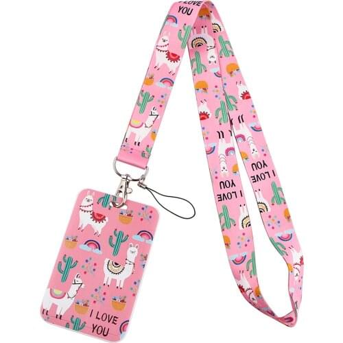 PF312 Pink Cute Alpaca Lanyard Credit Card ID Badge Holder Key Ring Bag Student woman Travel Bank Business Card Cover Keychain