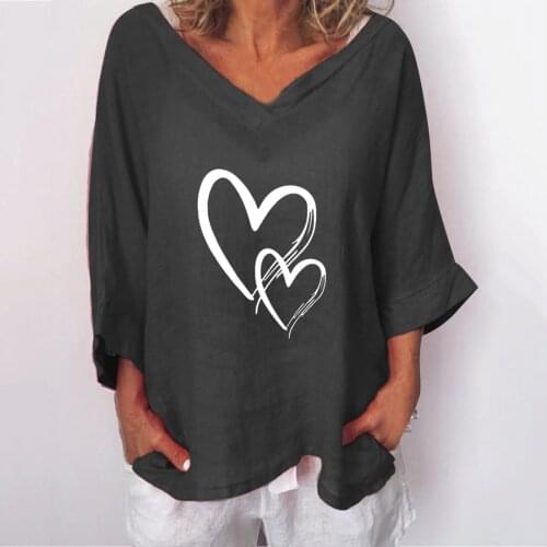 Heart Printed T Shirt Cotton Linen Plus Size Women Lady Tops Tee V-Neck Long Sleeve Spring Elegant T-Shirt Tunics футболка