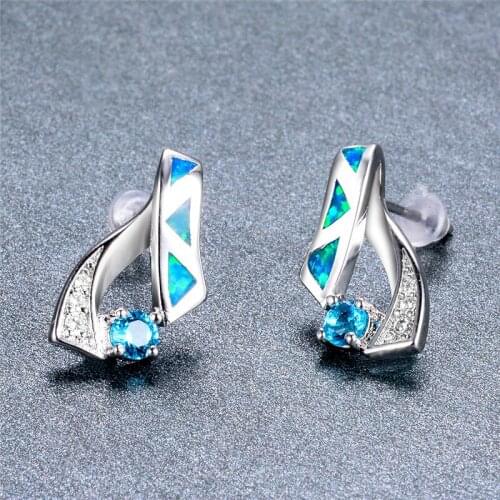 Triangle White Blue Opal Stud Earrings Purple Crystal Round Stone Earrings Black Gold Silver Color Geometric Earrings For Women