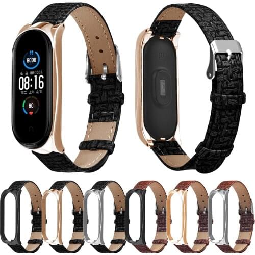 Vintage Woven Pattern Leather Strap With Alloy Frame For Xiaomi Mi Band 5 / 5 NFC Replacement Wristbands Women Fashion Strap