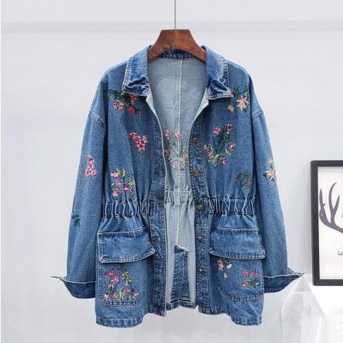2021 Fashion Embroidery Flowers Denim Jacket Women Outerwear Autumn Korean Loose Mid Long Elastic Waist Jeans Jacket Coat Female