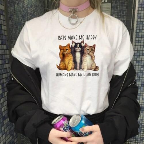 Cats Make Me Happy Printed Summer Fashion Street Style Cat Women Tee T-Shirt Harajuku Hipster Kawaii Clothing Gift T-Shirt