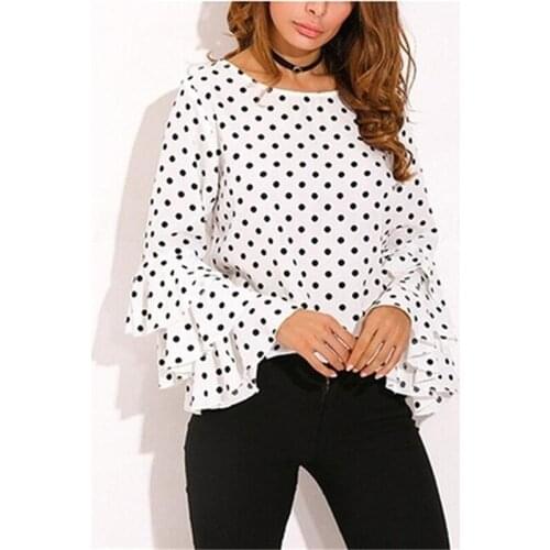 Womens Shirt New Layered Trumpet Sleeve Round Collar Polka Dot Shirt New Fashion