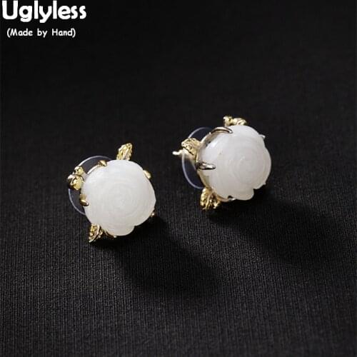 Uglyless Handmade Carved White Jade Flower Studs for Women 100% Real Solid 925 Silver Stud Earrings Gold Plate Fine Jewelry Gems
