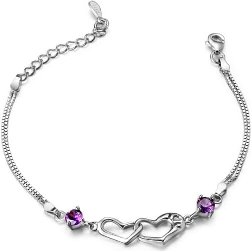 Sinya 925 Sterling Silver crystal Bracelets pulseiras for Women Girls lover gift 16cm+3.5cm Couple Lover Heart design