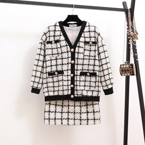 2019 Autumn Winter Fashion 2 Piece Set Women Long Sleeve Tweed Wool Jacket Coat+Mini Wool Skirt Set Ladies Vintage Clothing Sets