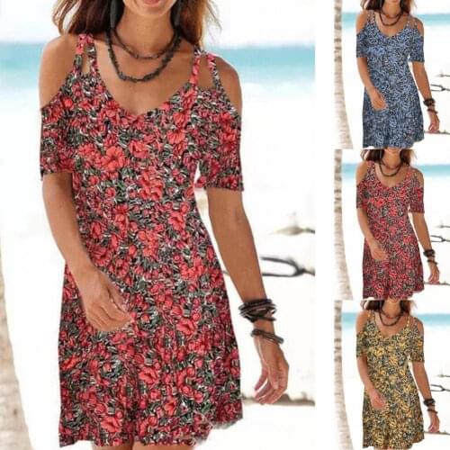 Women Dress Floral Print Hollow Out Sleeve Bohemian V Neck Spaghetti Strips Dress for Lady Chic Flowers Mini Dress for Beach