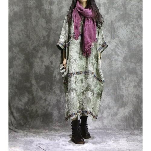 Women Cotton Linen Printed retro Bat Sleeve Plus Size Dress Ladies Loose Robe Dress Vintage Contrast Color Dress Big Size Dress