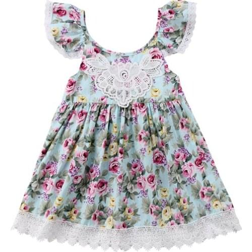 2018 Princess Sweet Newborn Infant Baby Girls Summer Petal Sleeve O-Neck Lace Floral Print Ruffles A-Line Knee-Length Dress 2-7Y